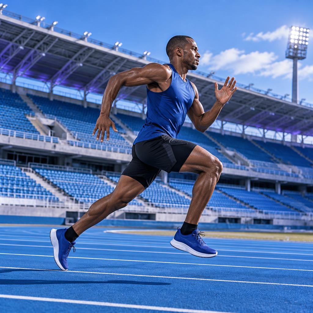 Atleta correndo em uma pista azul